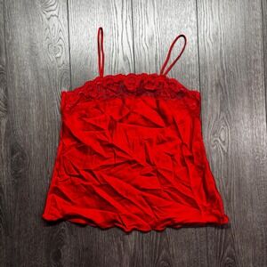 Vintage 1980s French Maid Silk Satin Red Slip Top Lace Pyjama Sleek Small